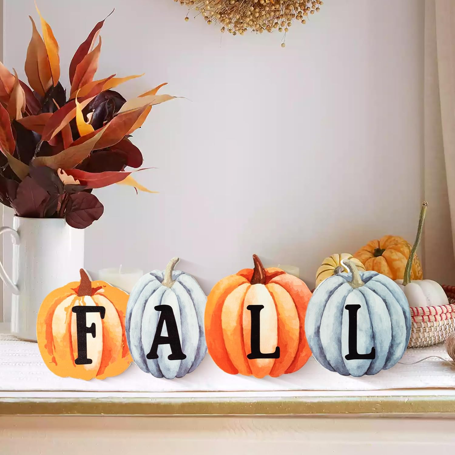 WATINC Decoración de mesa de centro de mesa de madera de calabaza de otoño, decoración de bandeja escalonada de Acción de Gracias, juego de bloques