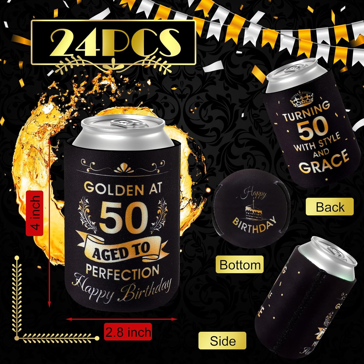 24 piezas de decoraciones doradas de cumpleaños número 50, recuerdos de fiesta de cumpleaños 50, fundas enfriadoras que giran 50 años con estilo y