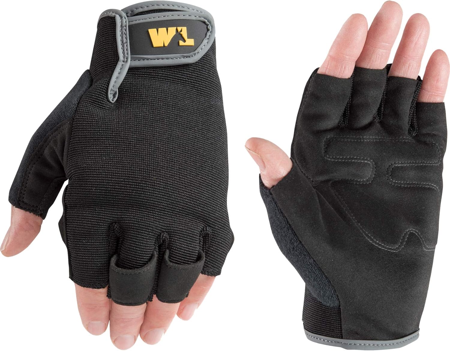 Wells Lamont Guantes de trabajo de palma de cuero sintético sin dedos para hombre, talla grande 847, negro