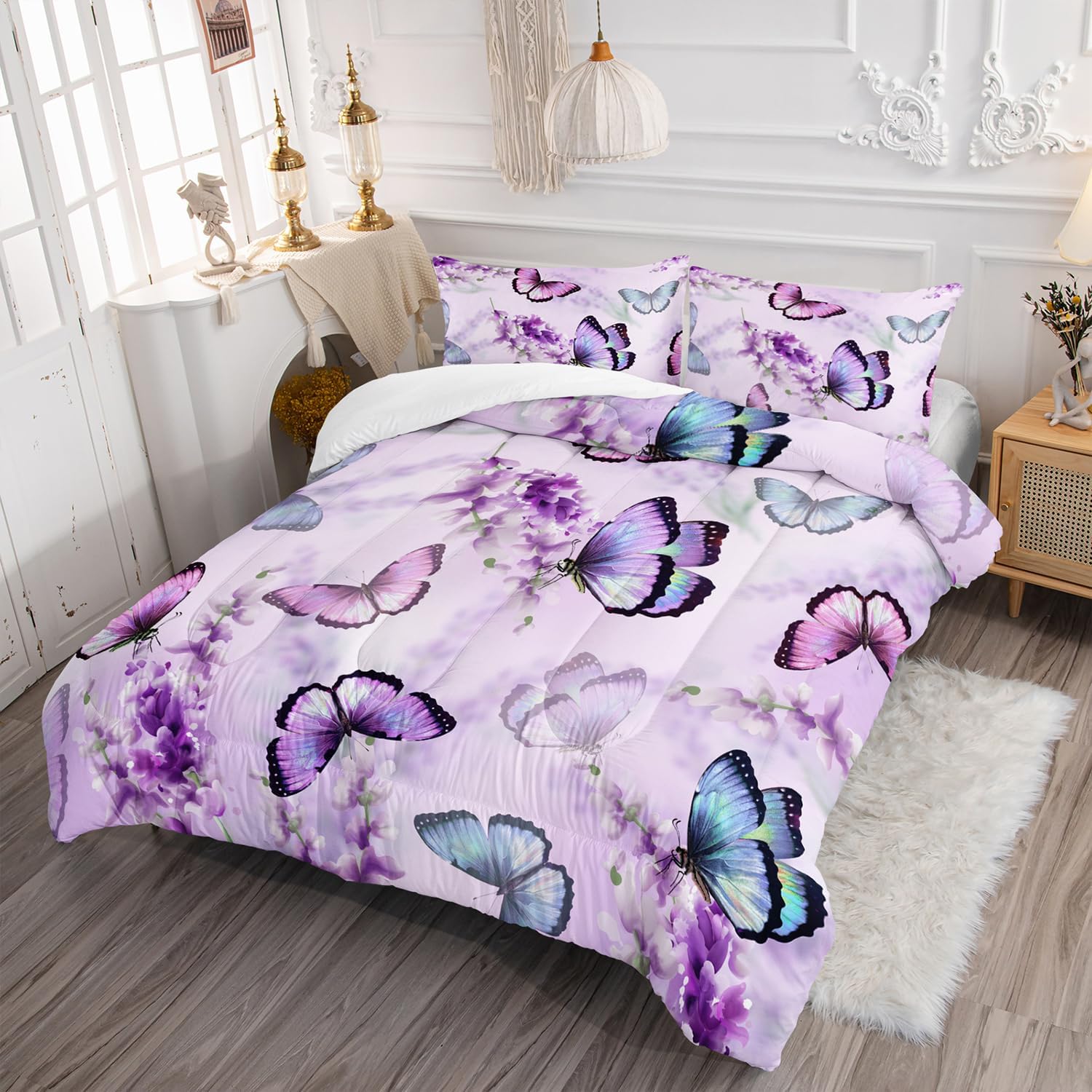 Juego de edredón de mariposa lavanda para niñas y adultos, juego de ropa de cama con patrón de mariposa colorido, juego de cama de mariposas