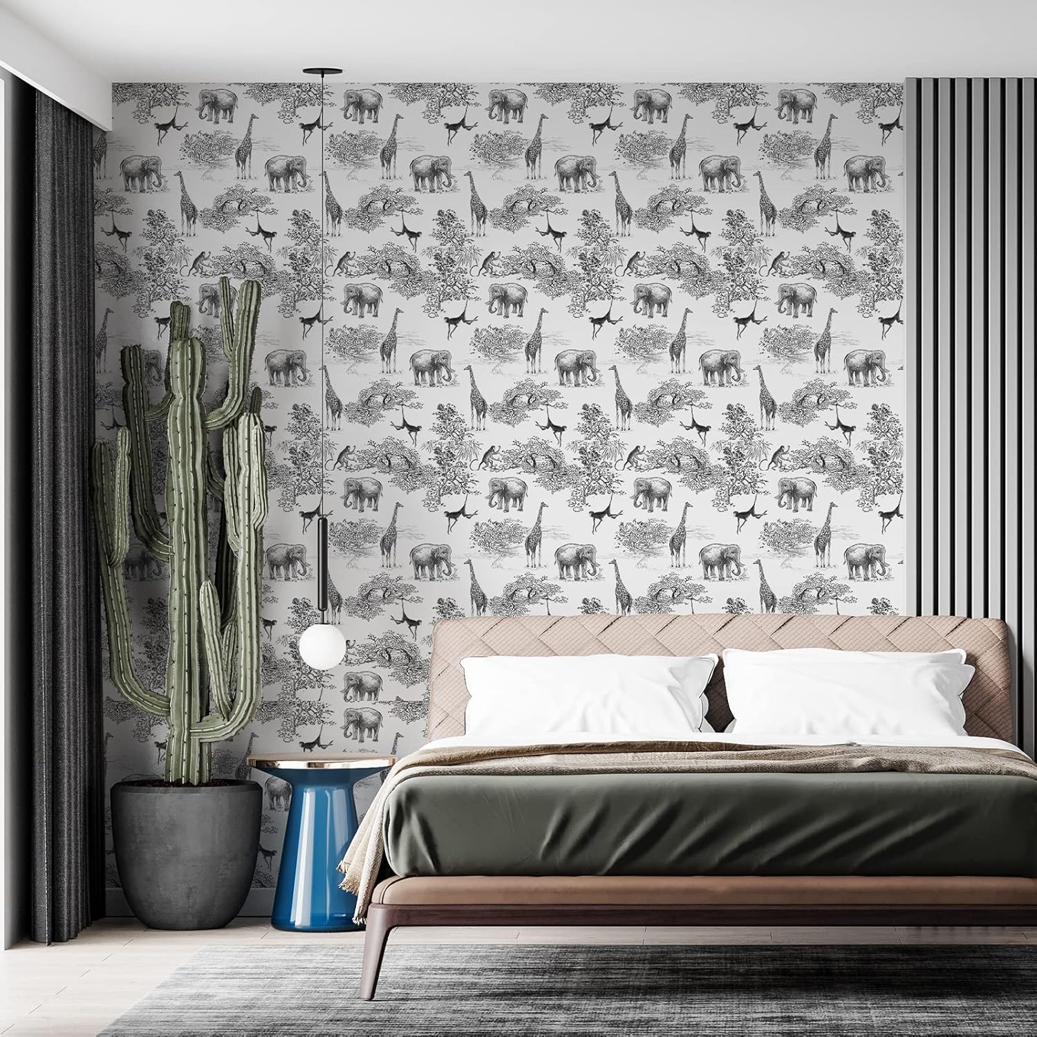 Papel tapiz autoadhesivo con diseño de jirafa y elefante, color negroblanco, para habitación de los niños, papel tapiz de animales del bosque, papel