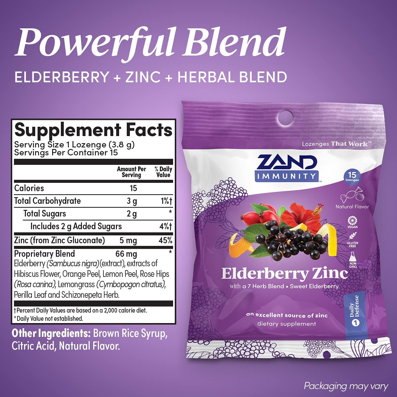 ZAND HerbaLozenge – Pastillas de zinc de saúco, buenas para ti para garganta seca, sin jarabe de maíz, sin azúcar de caña (12 bolsas, 15 pastillas)