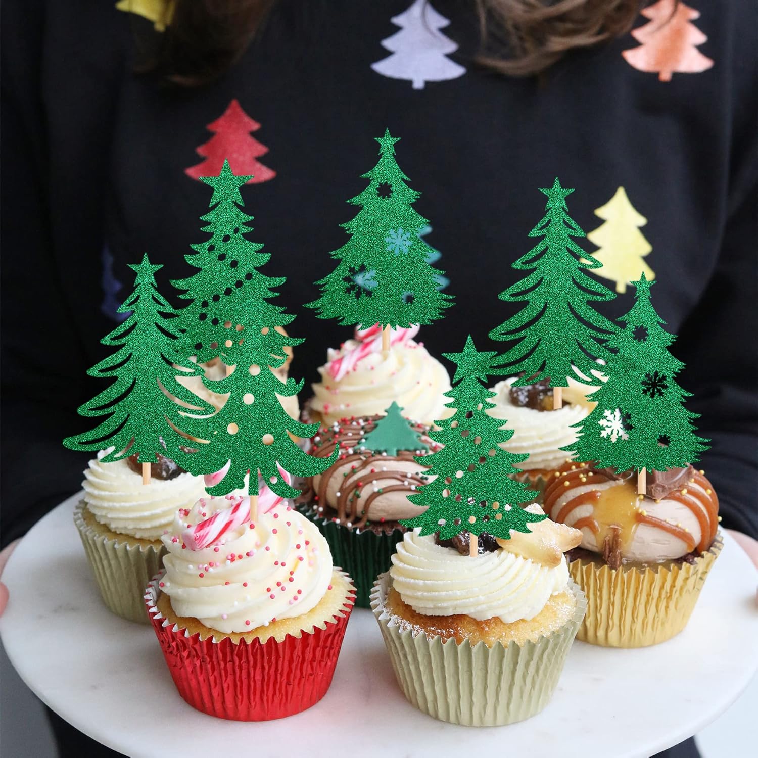 24 piezas de adornos para cupcakes para árbol de Navidad con estrella verde purpurina para árbol de Navidad para temática de Feliz Navidad, Año