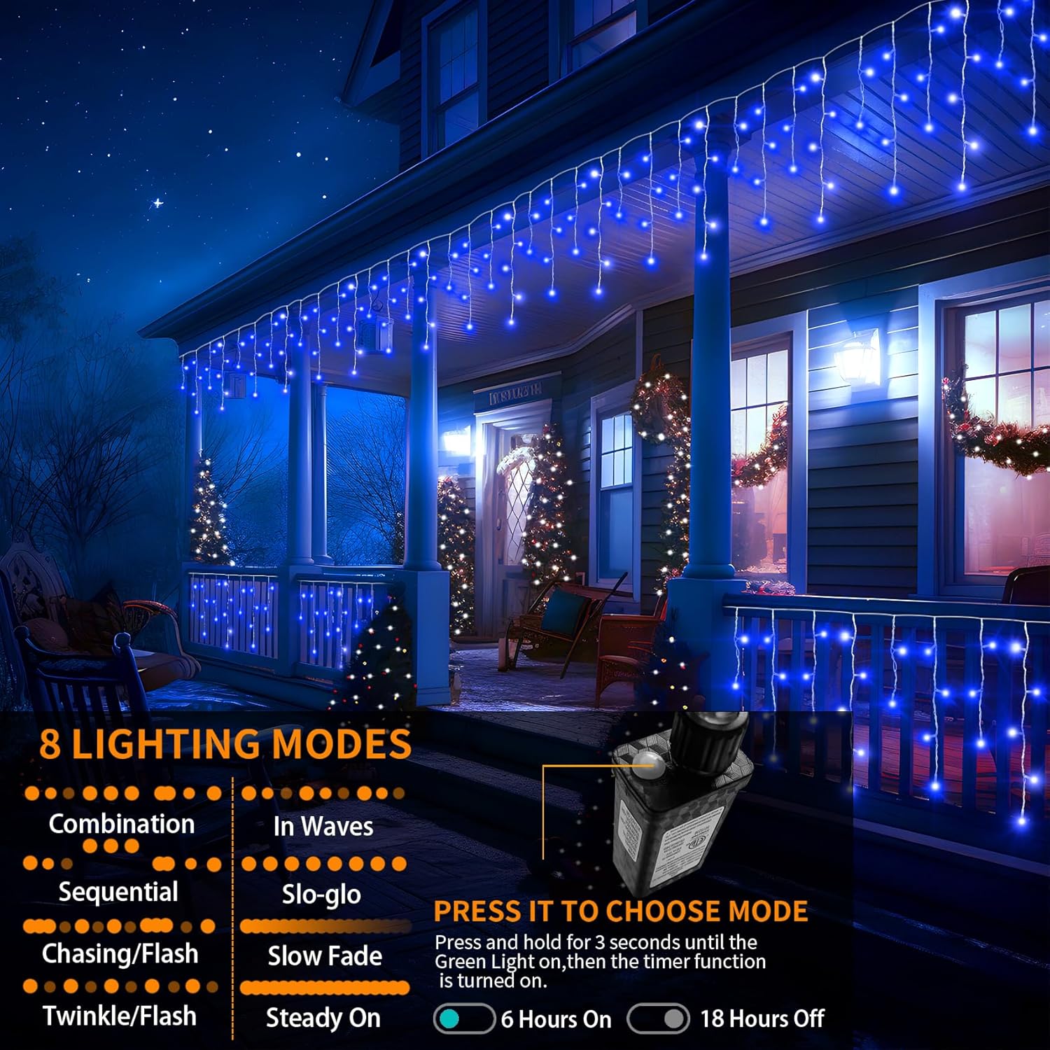 Aiouyidi Luces de Navidad para decoración al aire libre, 82 pies, 180 tiras, cortina de luces de hadas, 8 modos de enchufe, 630 LED, temporizador