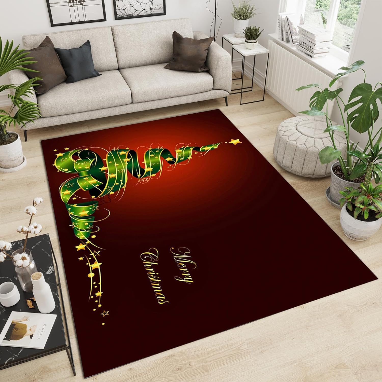 Alfombra de interior de Feliz Navidad, árbol de Navidad, estrellas con estampado rojo, suave, antideslizante, lavable, de pelo corto, decoración de