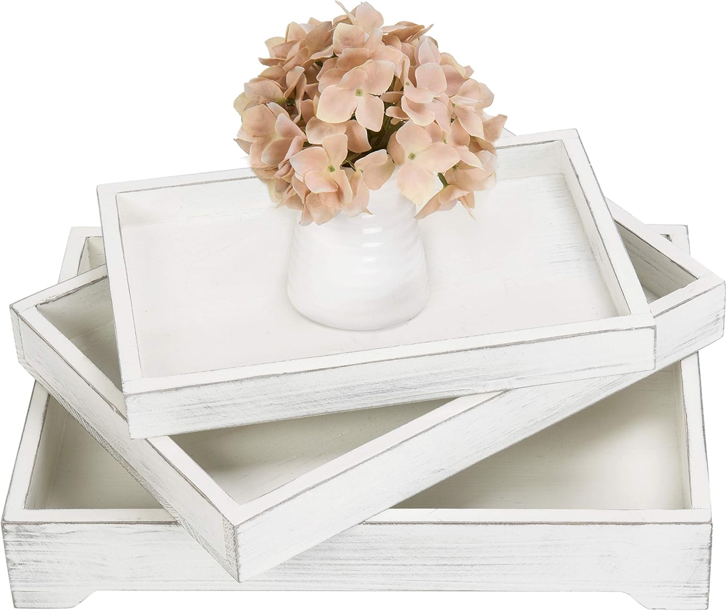 MyGift Bandeja decorativa de madera blanca vintage, bandeja de servicio de madera de 3 piezas, bandeja de mesa de café otomana de exhibición