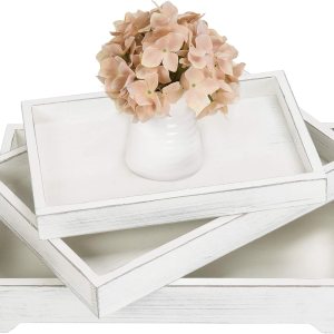 MyGift Bandeja decorativa de madera blanca vintage, bandeja de servicio de madera de 3 piezas, bandeja de mesa de café otomana de exhibición MyGift Bandeja decorativa de madera blanca vintage, bandeja de servicio de madera de 3 piezas, bandeja de mesa de café otomana de exhibición