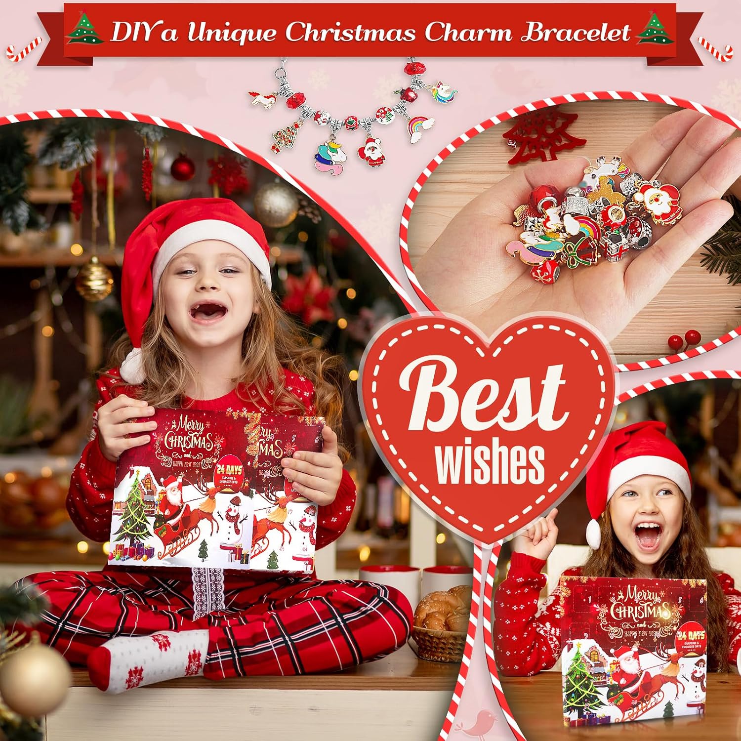 2023 Christmas Advent Calendar Charm Bracelets for Girls, SIXNIE 24-Days Xmas Countdown Calendar with 2pcs DIY Charm Bracelets Kits, Creative