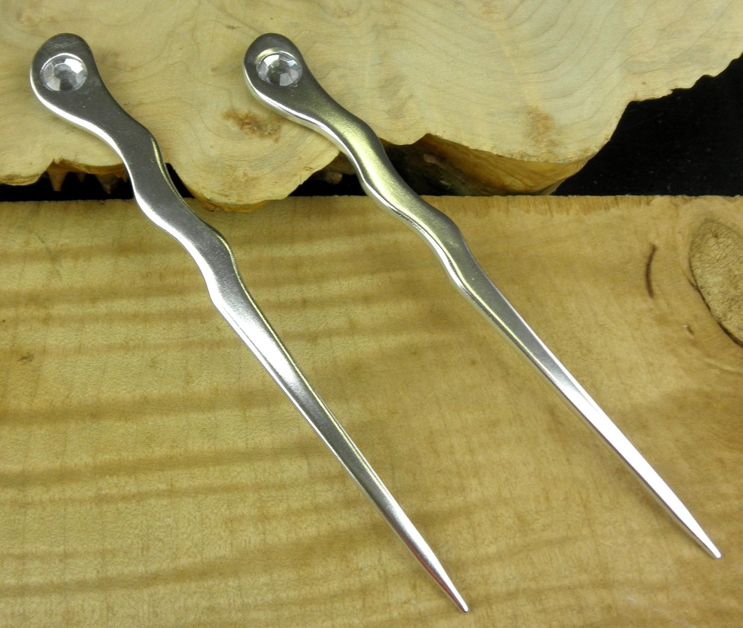 (2) Palillos de pelo en espiral de metal de aluminio anodizado de 6 pulgadas de largo con diamantes de imitación transparentes, horquilla de púa –