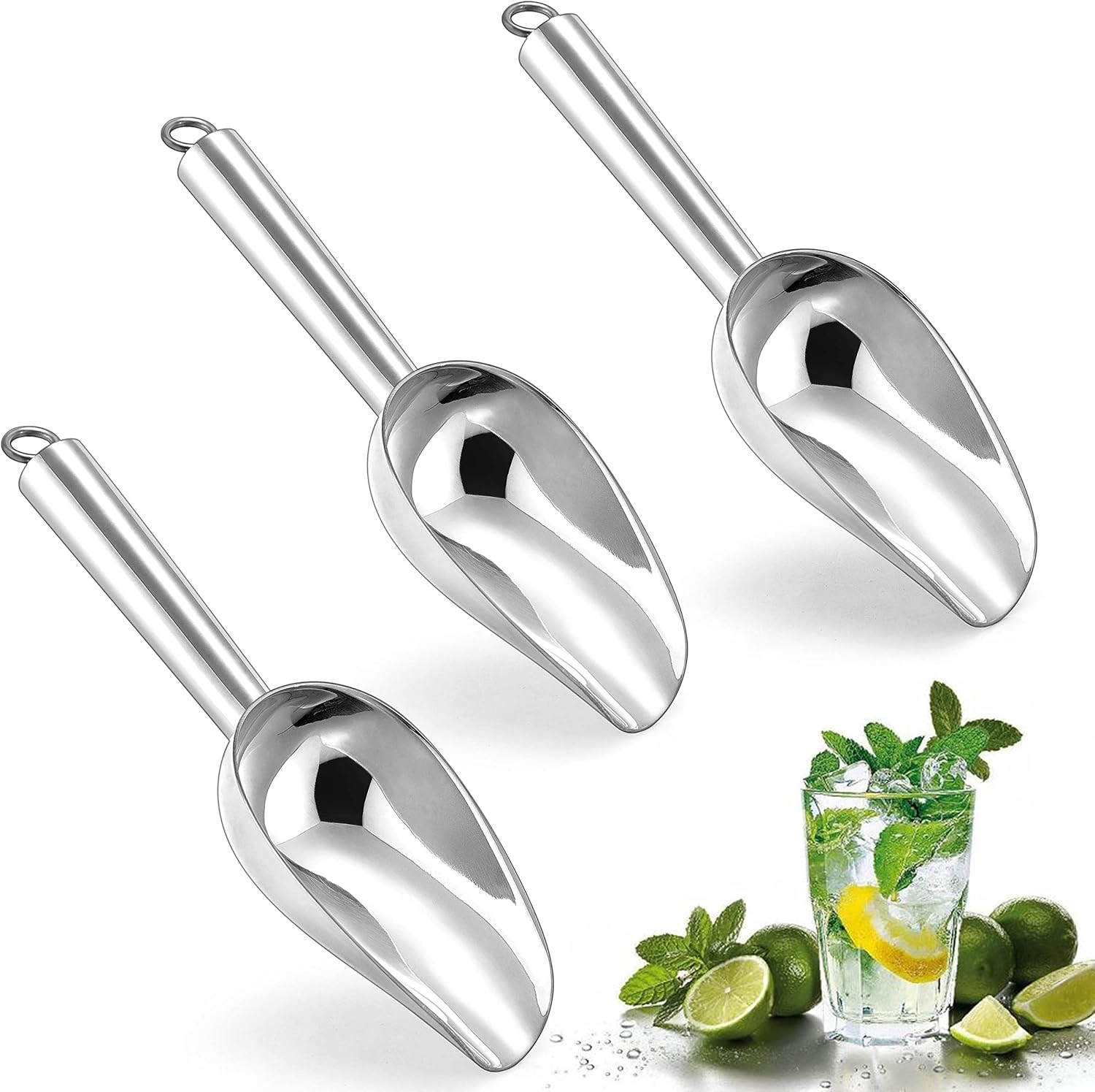 Herogo Juego de 3 mini cucharas de hielo de 3 onzas, cuchara pequeña de acero inoxidable para caramelosharinafrijolesalimentos de mascotascubitos de