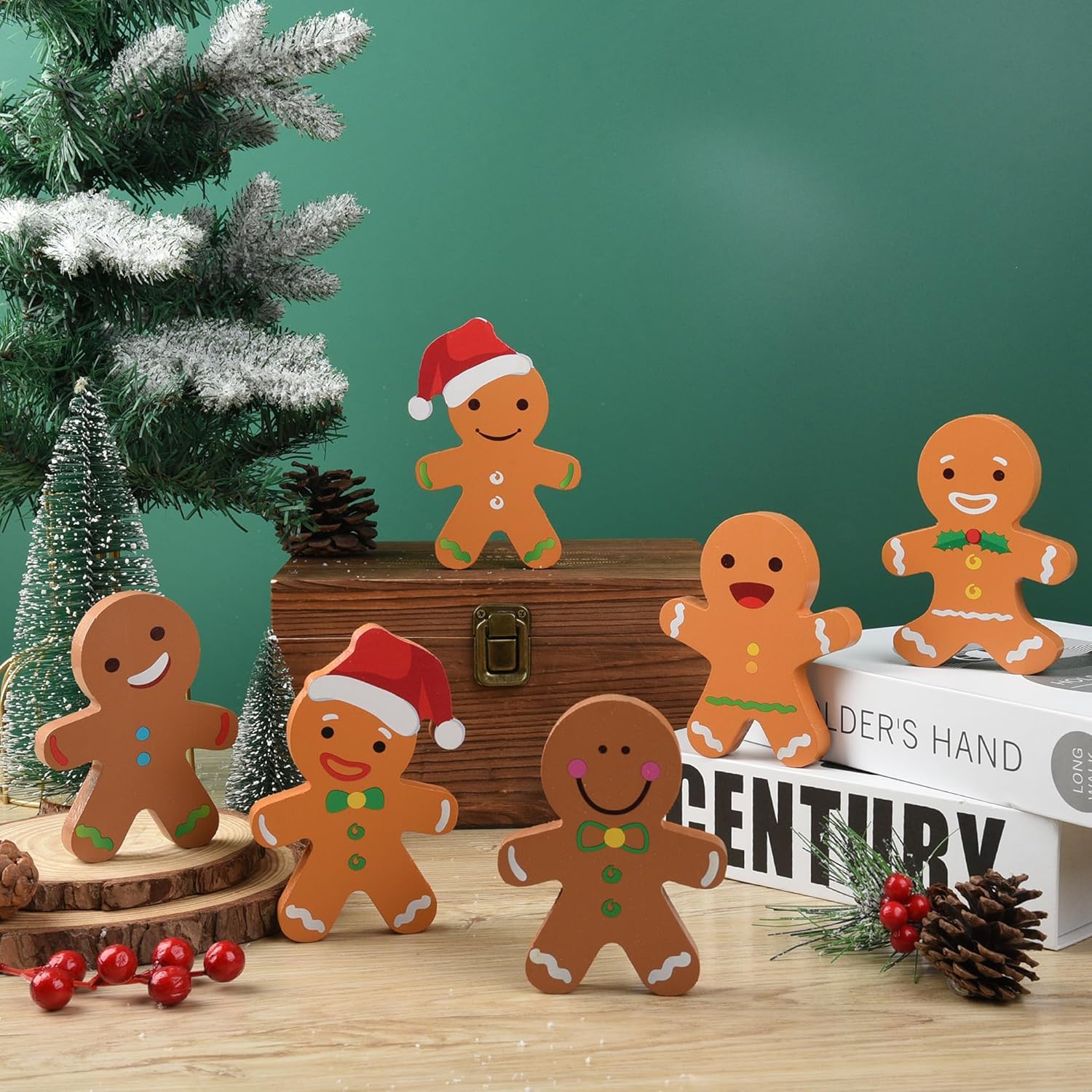 6 piezas de pan de jengibre decoraciones navideñas de hombre de jengibre de Navidad, letreros de madera decorativos de granja para mesa de invierno
