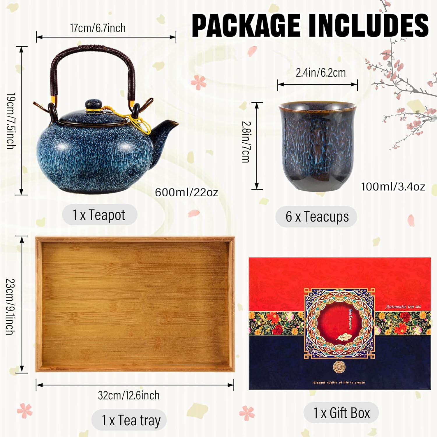 Juego de té asiático en caja de regalo, juego de té japonés con 1 tetera, 6 tazas de té, 1 bandeja de té, tradicional, azul, portátil, japonés,