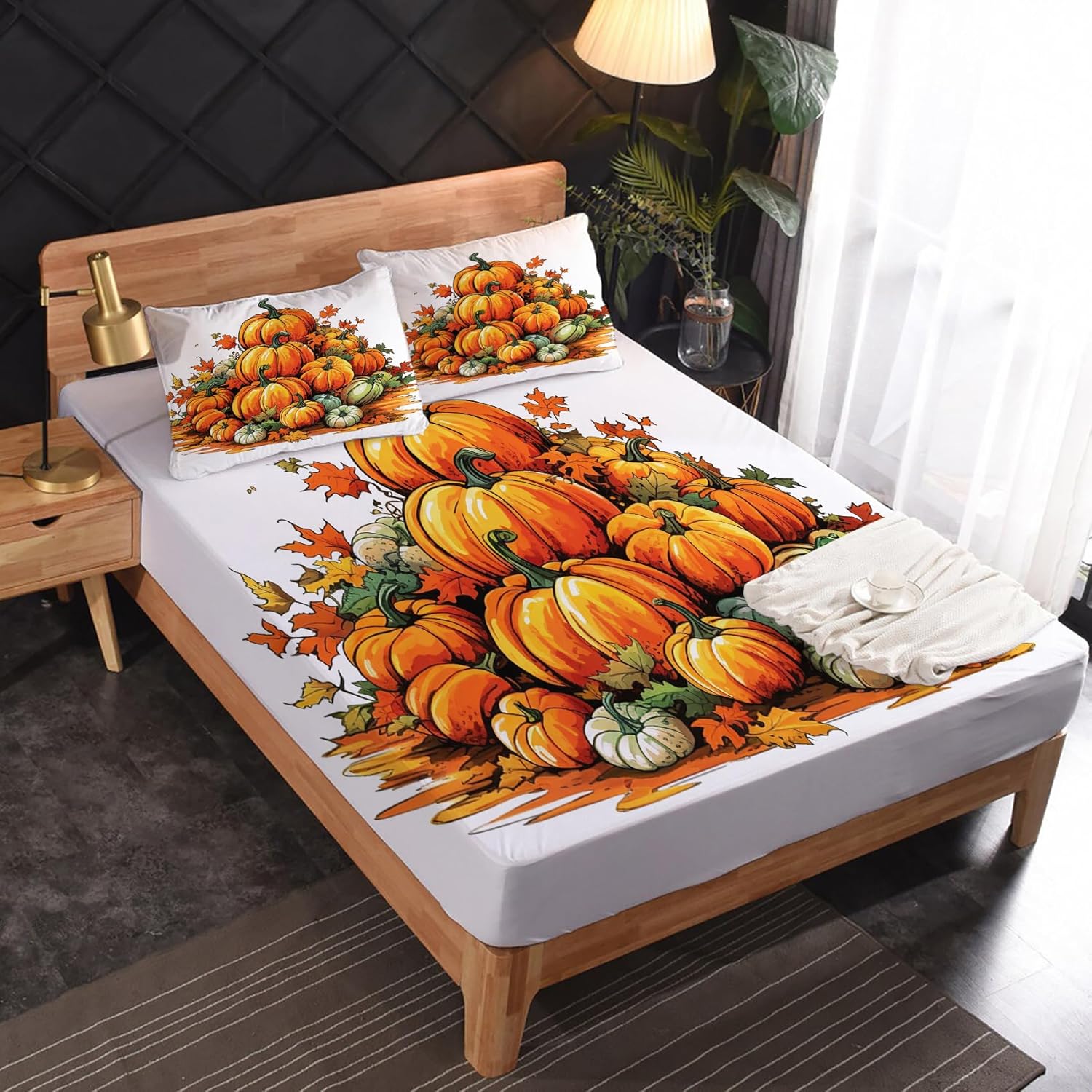 Sábanas de calabaza de Acción de Gracias, tamaño Queen, sábanas de cosecha de otoño, microfibra suave, bolsillo profundo, sábanas y fundas de