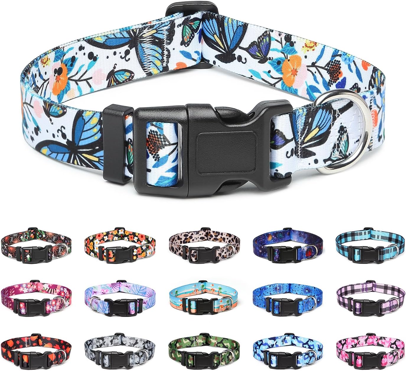 Collar ajustable para perro con patrones, ultra cómodo, de nailon suave, transpirable, para perros pequeños, medianos y grandes (M, mariposa)