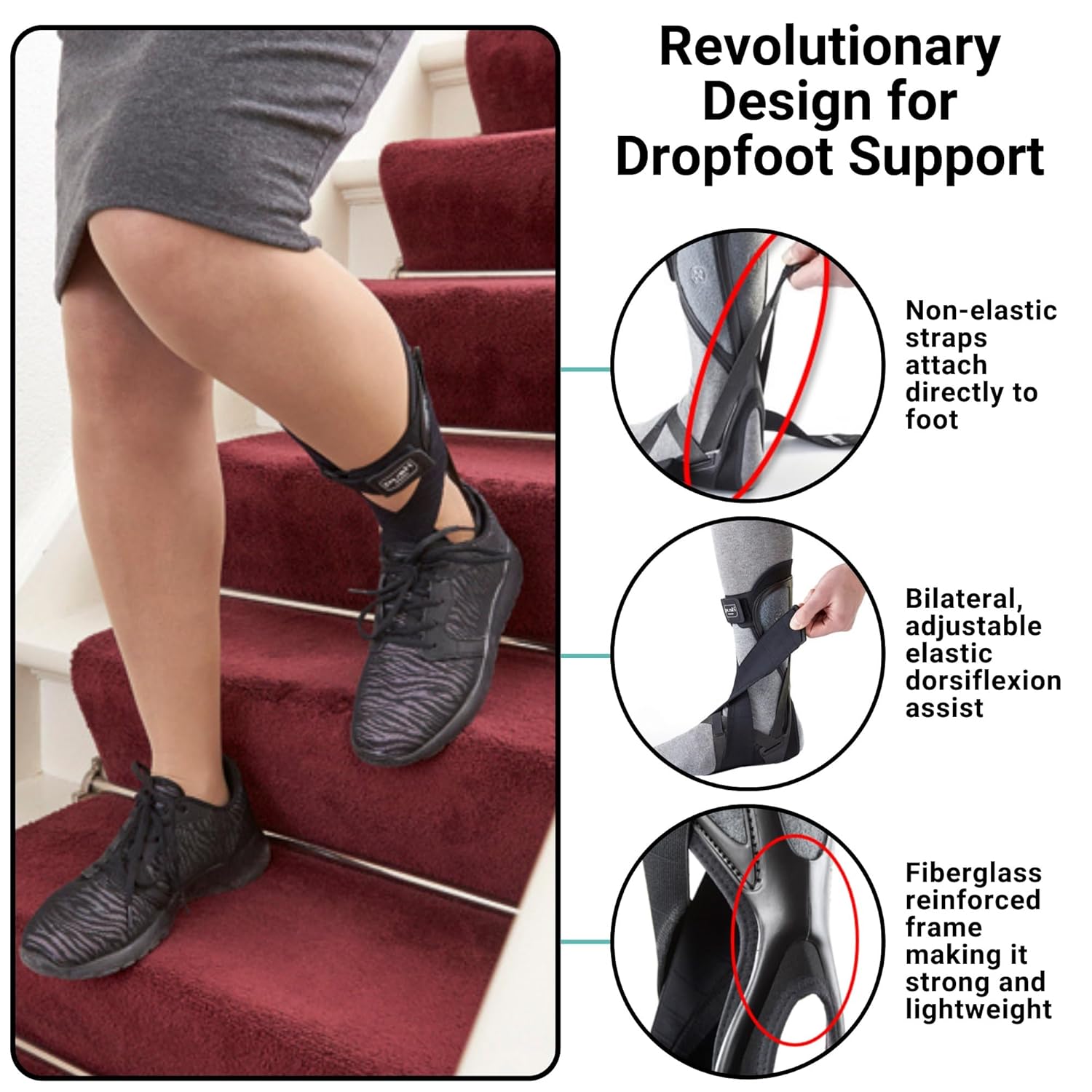 PUSH ortho – Ortesis de pie y tobillo para un apoyo cómodo. Se puede usar con zapatos. Cómodo y flexible soporte AFO para pie caído (parálisis