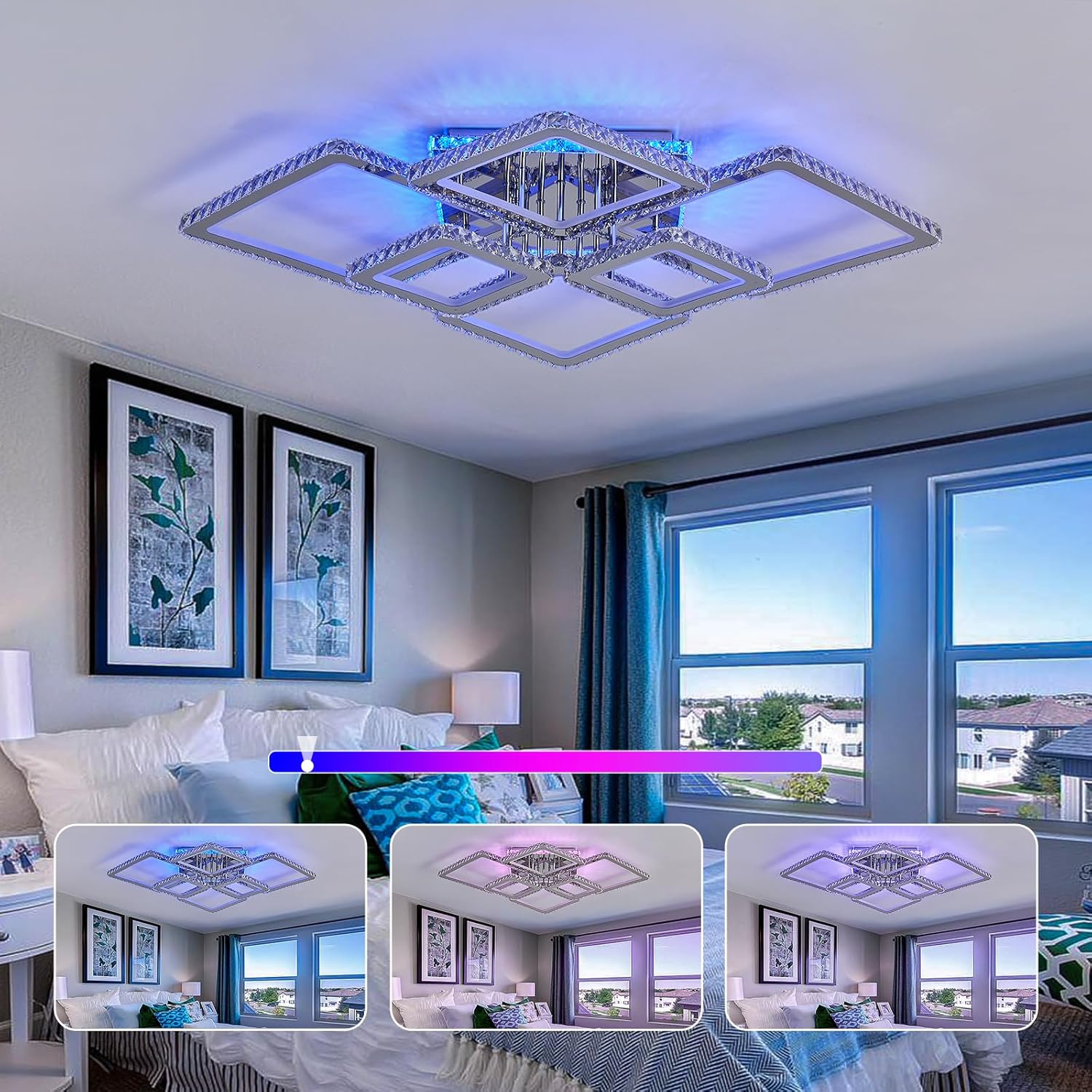 ASGYISA Moderna lámpara LED de techo de cristal grande con control remoto RGB regulable 3 colores cromo lámpara de techo 3000K-6500K lámpara de