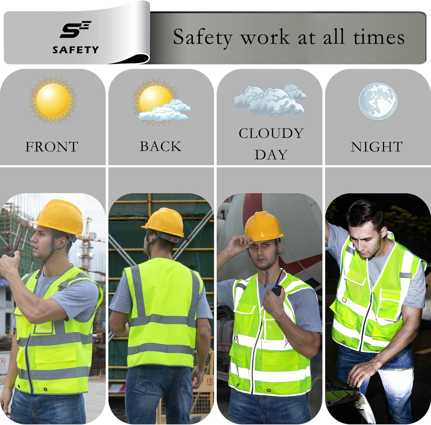 sesafety Chalecos de seguridad reflectantes con 9 bolsillos y cremallera, chaleco de construcción clase 2 para hombre, amarillo neón, talla L