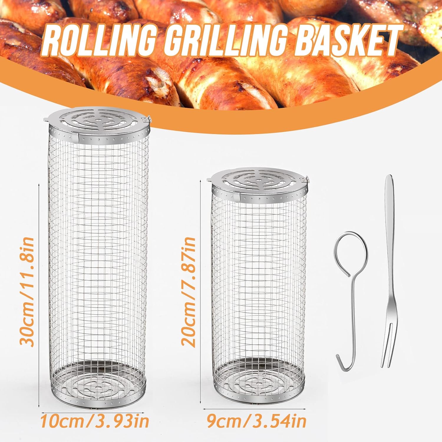 2 cestas de parrilla enrollables para verduras al aire libre, accesorios de cocina al aire libre, tina de preparación de barbacoa, malla de acero