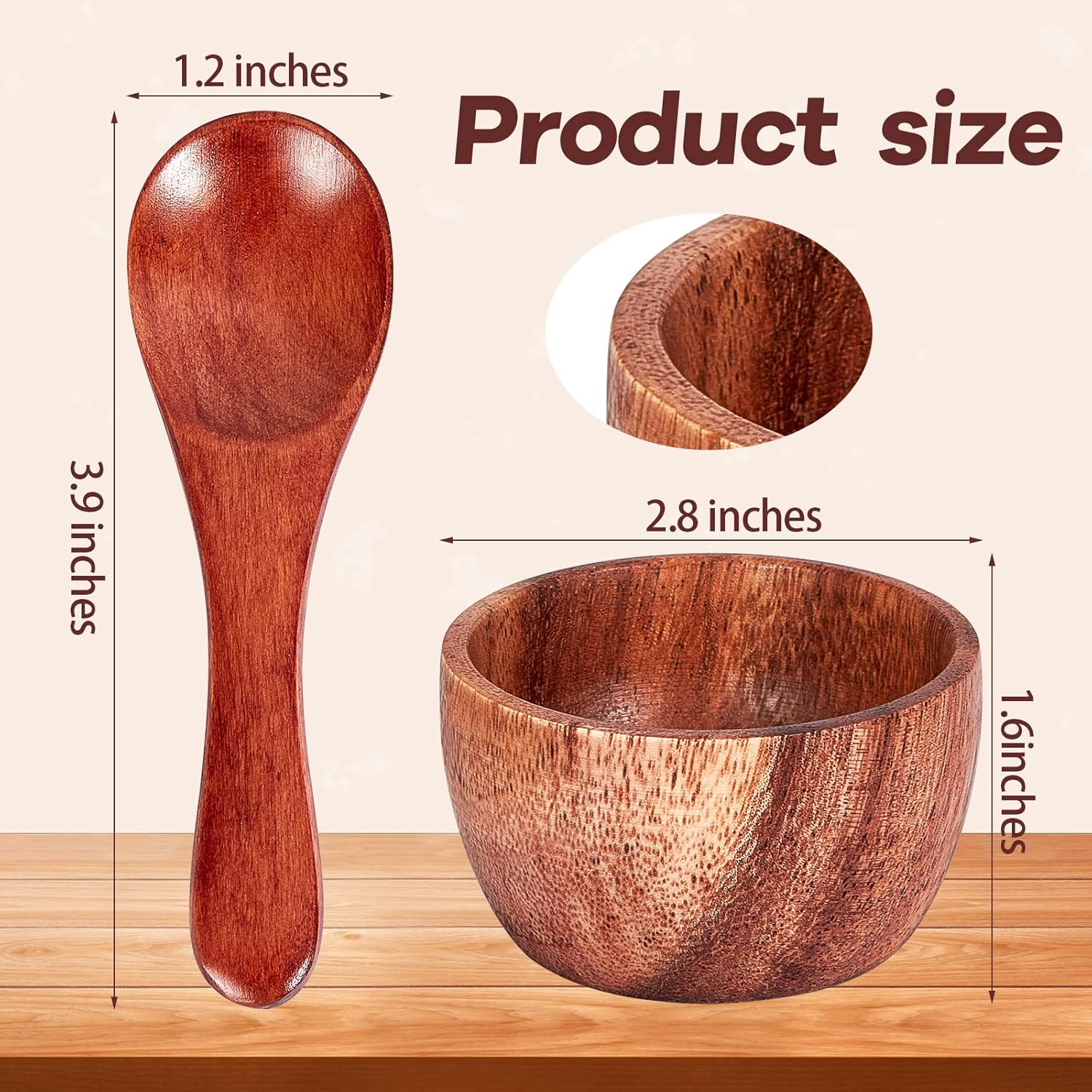 Didaey 8 cuencos pequeños de madera para salsas, nueces, salsa de tomate y hierbas, de 2.8 x 1.6 pulgadas, con 8 cucharas de madera para ensaladera,