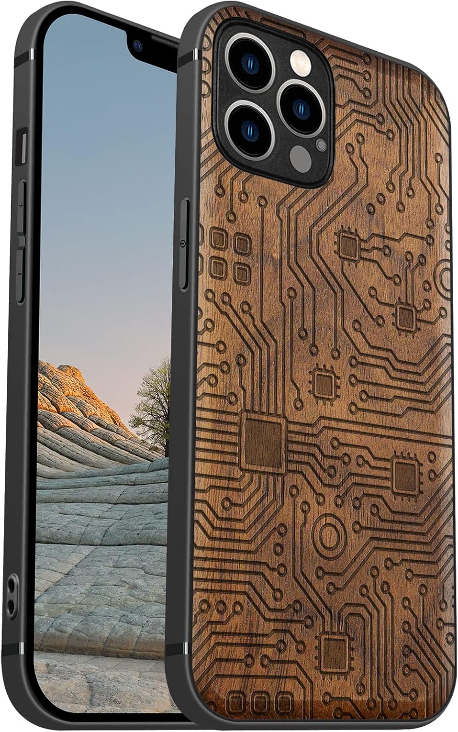 Carveit Funda magnética de madera para iPhone 12 Pro madera natural y TPU suave negro a prueba de golpes, funda protectora única y elegante de