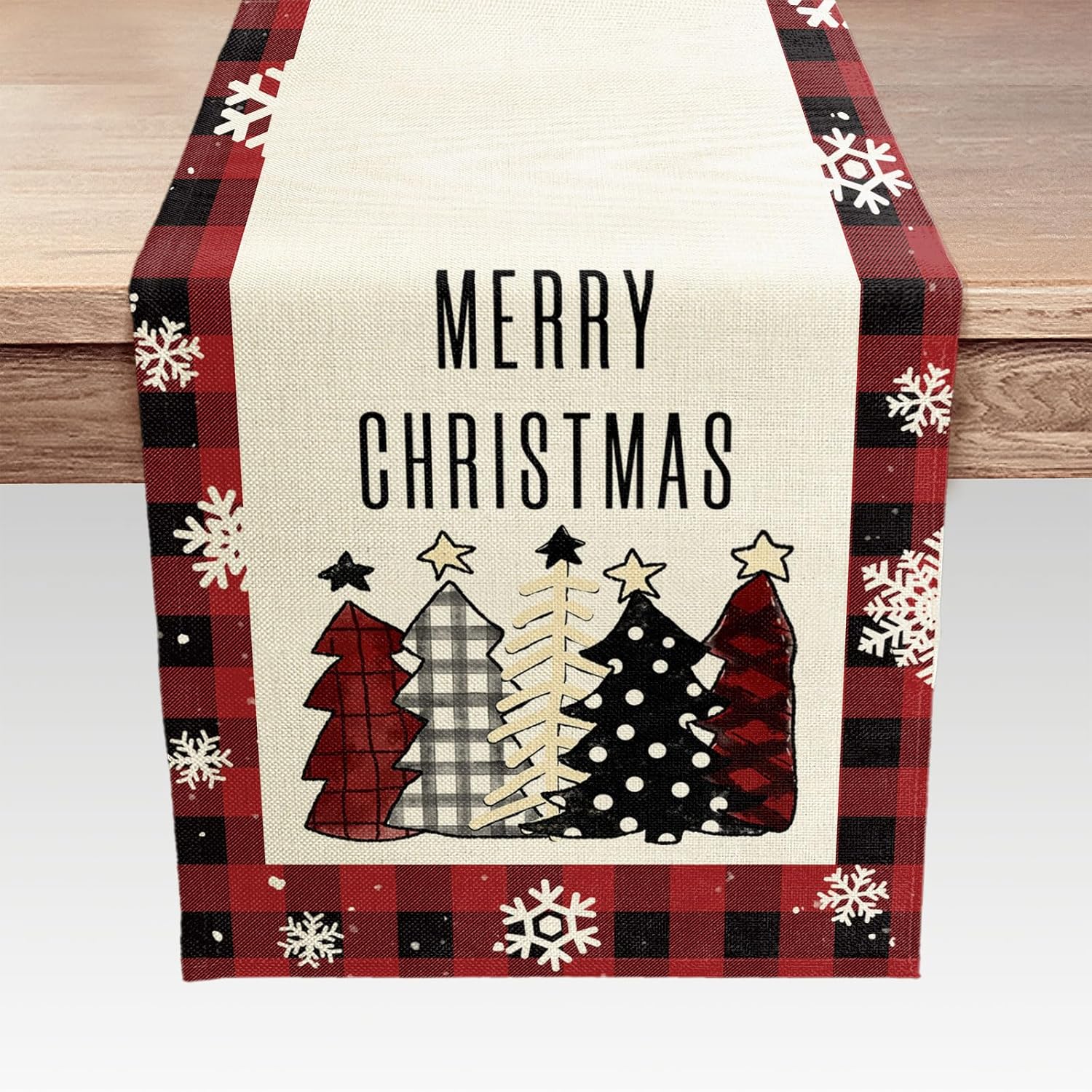 Camino de mesa de Navidad con copos de nieve de búfalo rojo y negro, decoración de mesa de comedor para interiores y exteriores, decoración de