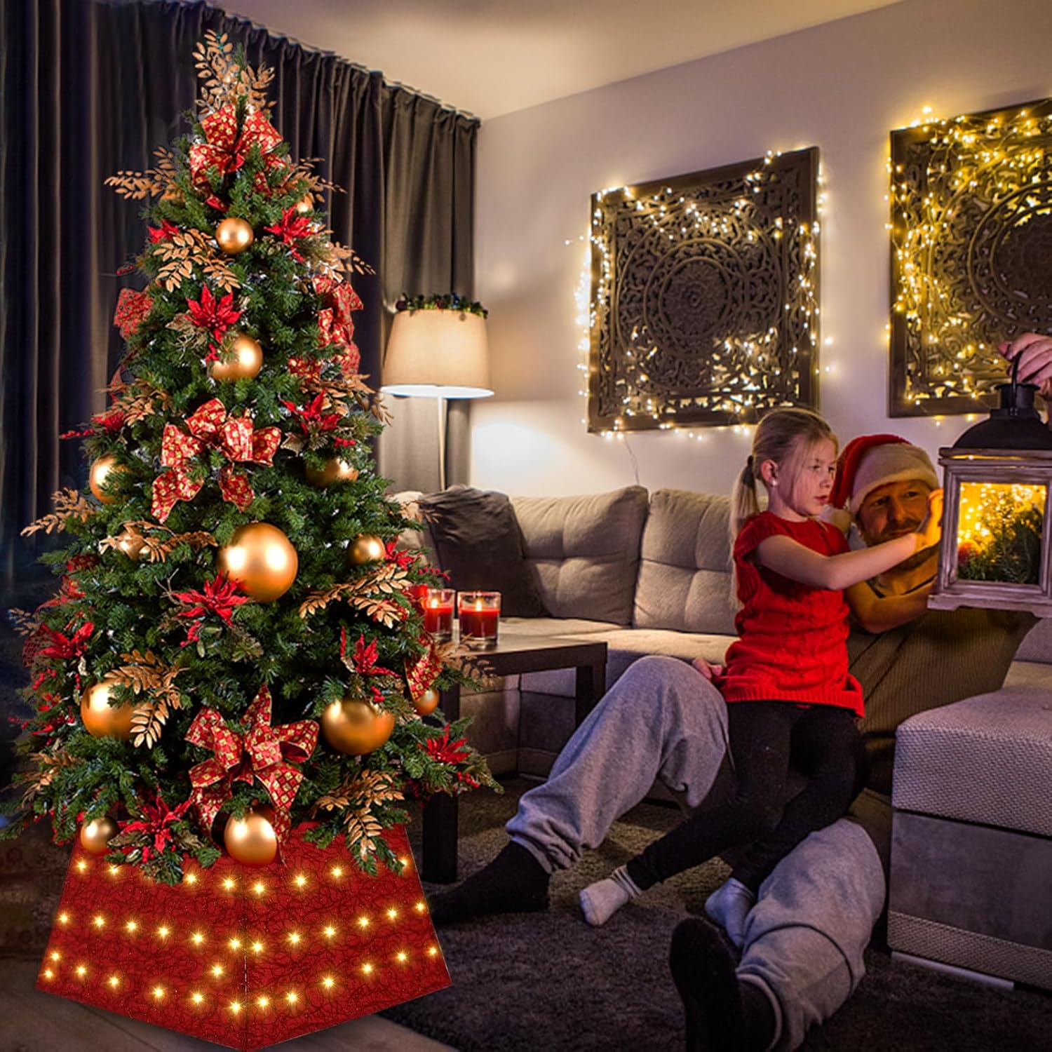 Anycosy Collar de árbol de Navidad con 70 luces LED, anillo de árbol de Navidad alimentado por batería con 8 modos y temporizador para fiesta de