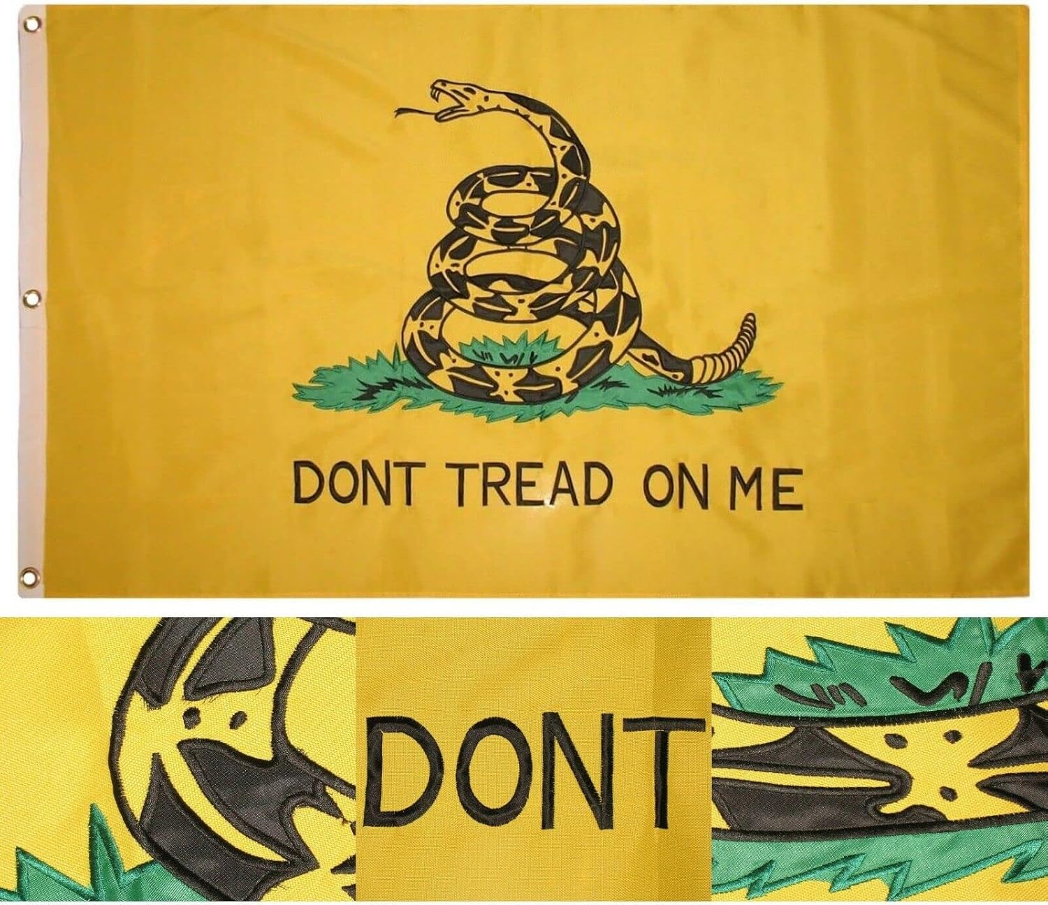 Premium 3×5 Embroidered Gadsden Culpeper Dont Tread Synthetic Cotton Flag 3 Clips &