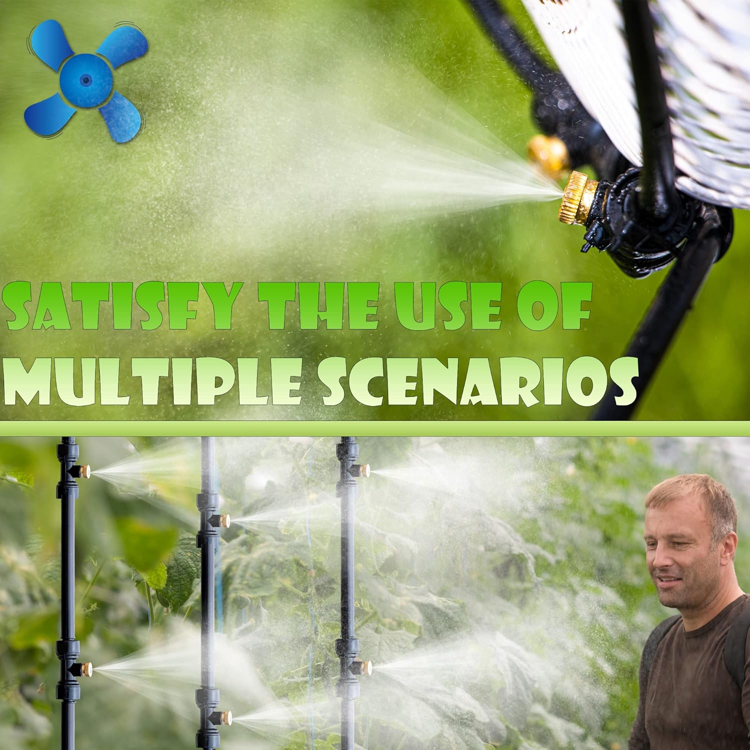 Misting Cooling System (Newly Designed Atomizing Line) 50FT15m Atomization Line+ 14 Brass Spray Nozzles + One Brass Adapter (34 Inch) Patio Spray