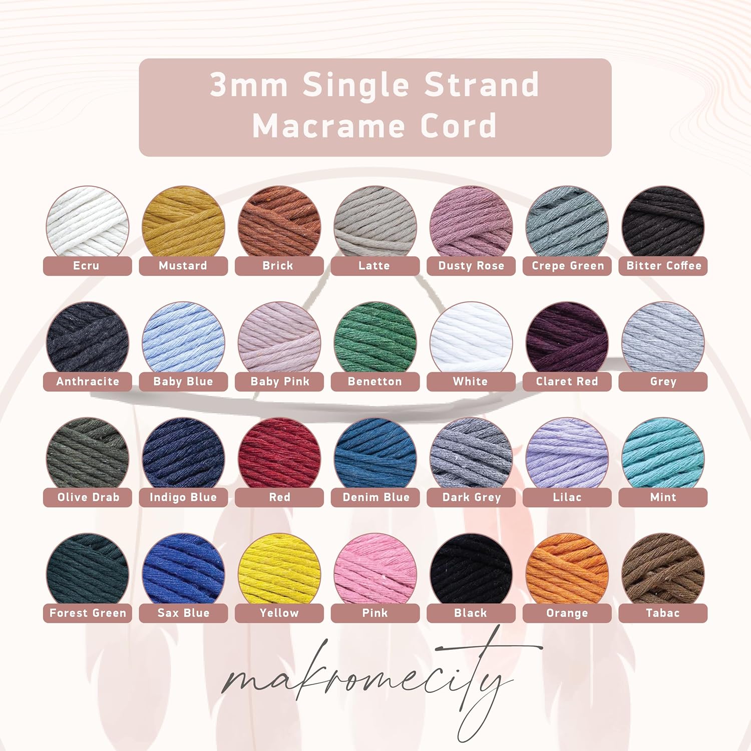 Makromecity, Cordón de macramé de una sola hebra, de 0.118 in x 109 yardas (328 pies) de 0.118 in, una sola hebra, de algodón rosa bebé, para