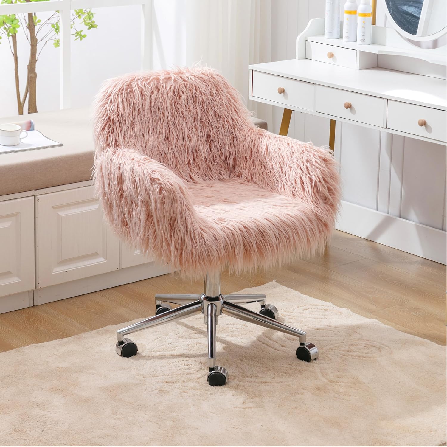 HomVent Silla de oficina moderna de piel sintética rosa, silla de tocador tapizada de piel sintética, silla de escritorio peluda con ruedas y base