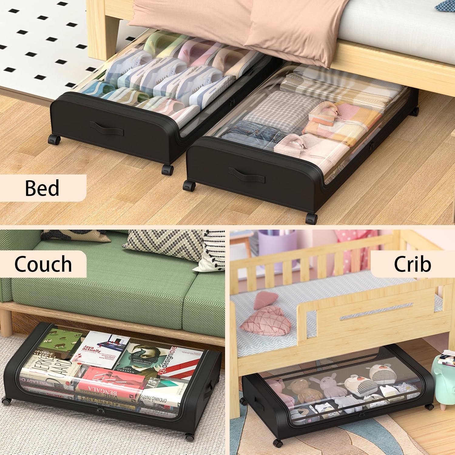 Cajón de almacenamiento debajo de la cama con ruedas y tapa, organizador grande de almacenamiento de zapatos debajo de la cama de 48 litros,