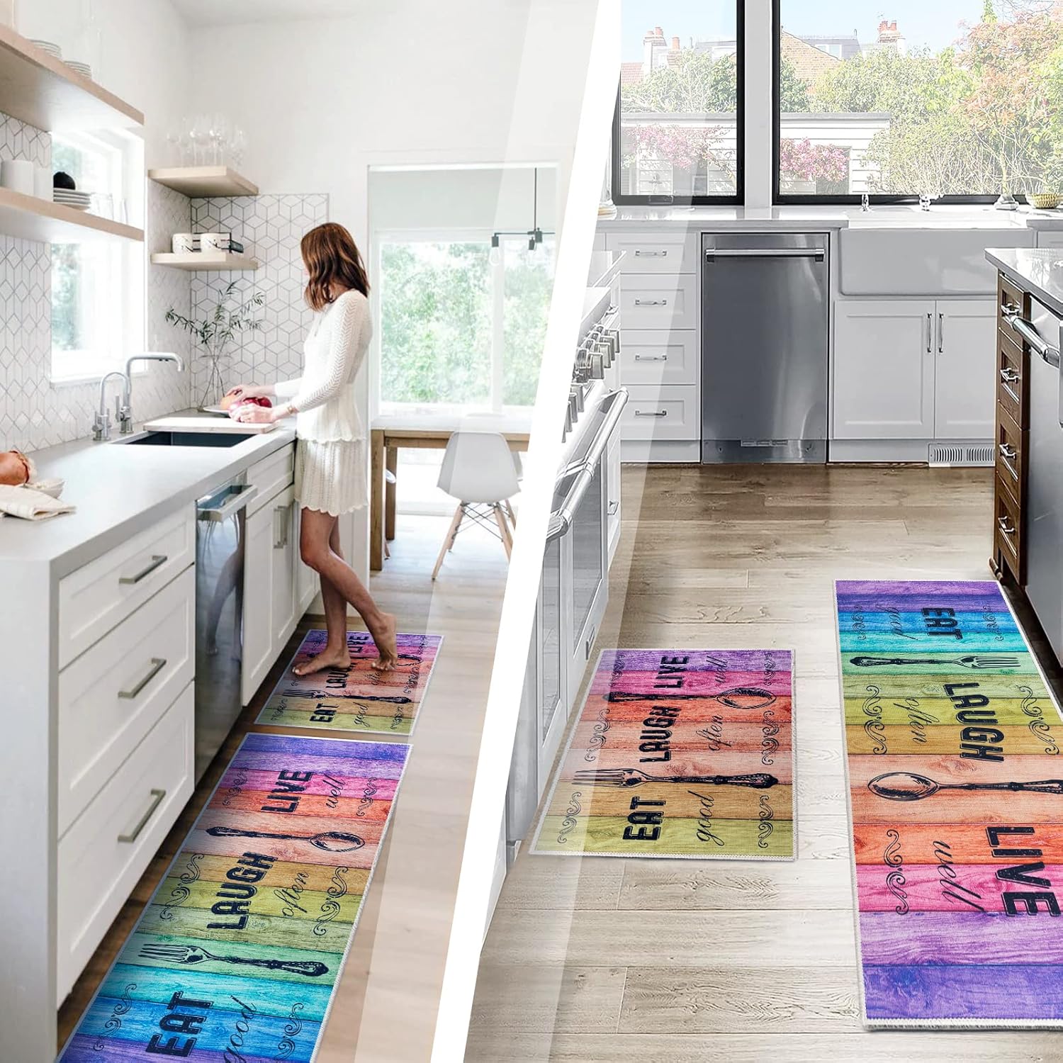 Carvapet Tapete de cocina 2 piezas de 17 x 48 pulgadas + 17 x 24 pulgadas con parte trasera antideslizante, patrón impreso, decoración de granja,