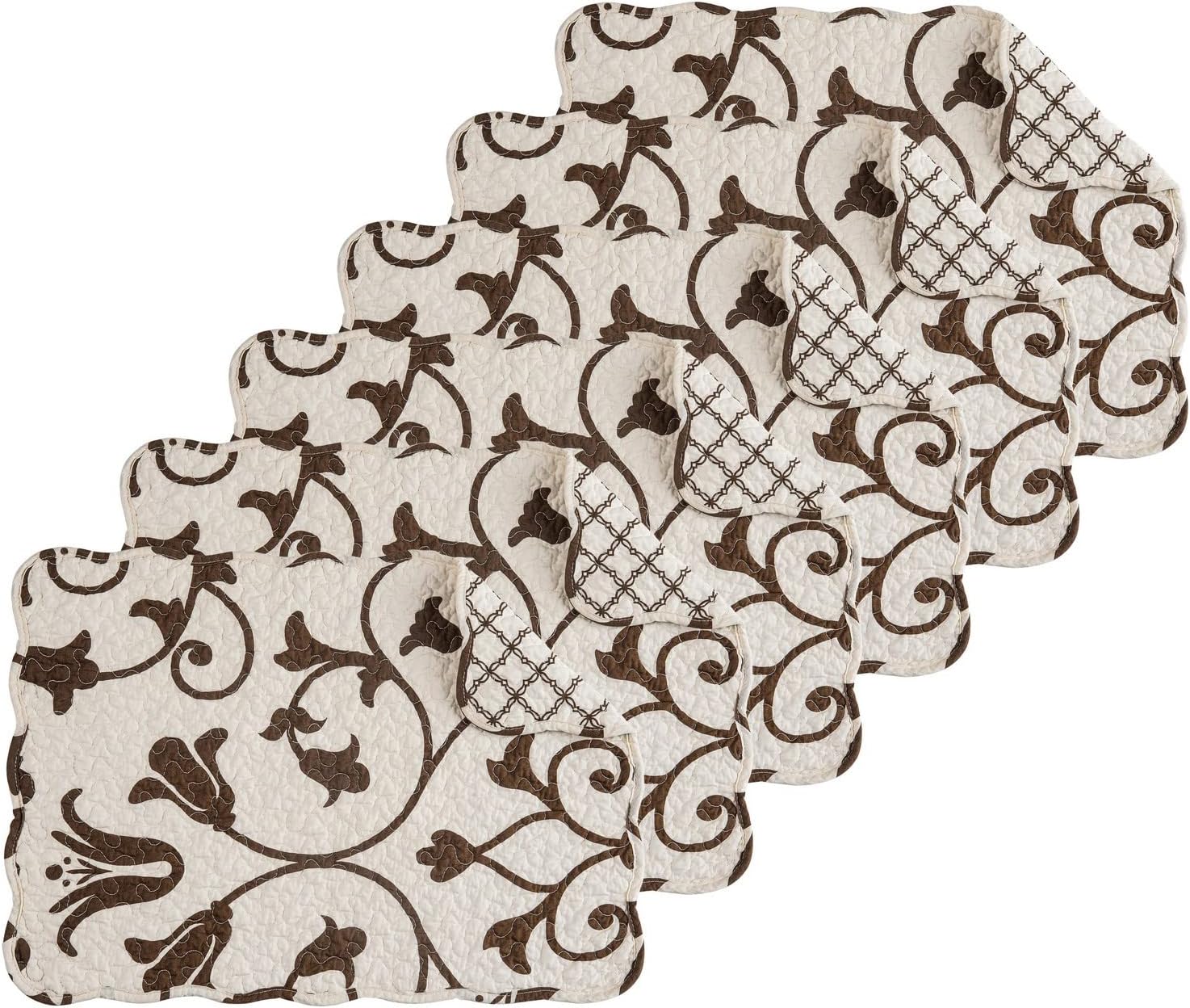 C&F Home Sophia – Juego de 6 manteles individuales acolchados de algodón, reversibles, lavables a máquina, 6 bordes festoneados, enrejado marrón,