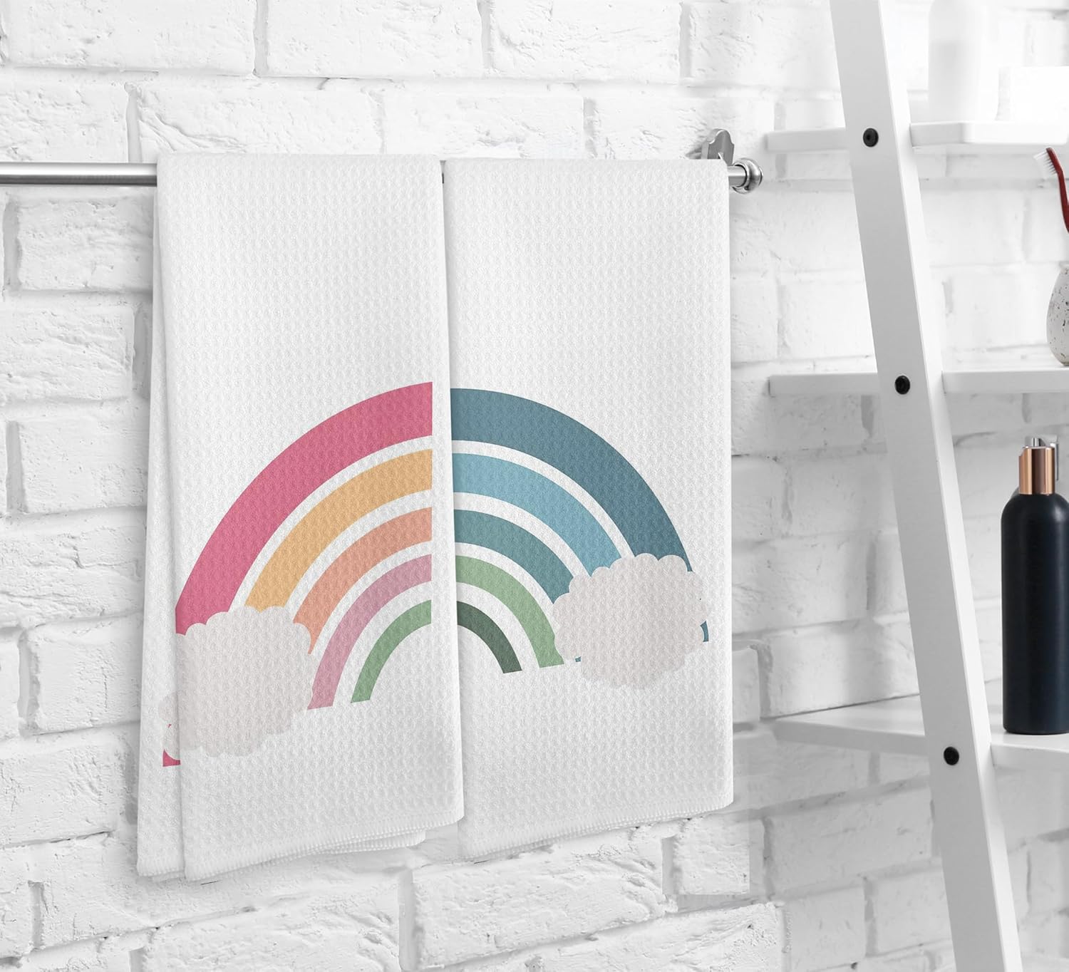 Juego de 2 paños de cocina y paños de cocina bohemios bohemios para cuarto de bebé, color rosa y azul, con estampado de nube arcoíris y azul,