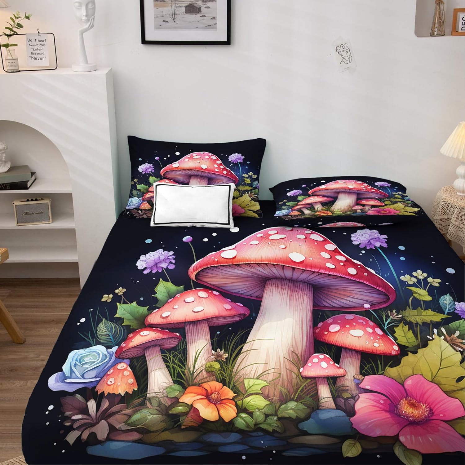 J9-&-303 – Sábanas de hongos divididas tamaño King para cama ajustable, sábanas de hongos, sábanas estampadas y juego de 5 piezas, microfibra suave,