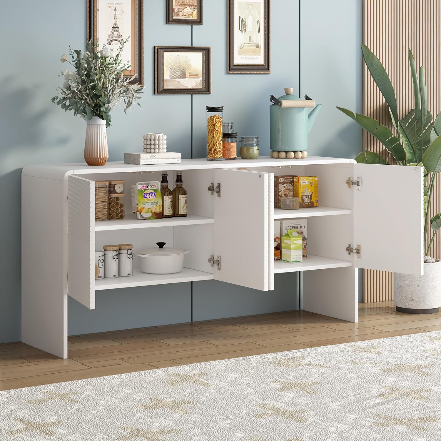 Armario de almacenamiento de estilo minimalista de 60 pulgadas de largo, mesa consola de madera, mesa de entrada con 4 puertas y dispositivo de