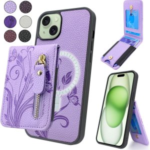 Lacass Funda compatible con MagSafe para iPhone 15 PlusiPhone 14 Plus de 6.7 pulgadas, tarjetero magnético desmontable con cremallera (morado claro Lacass Funda compatible con MagSafe para iPhone 15 PlusiPhone 14 Plus de 6.7 pulgadas, tarjetero magnético desmontable con cremallera (morado claro