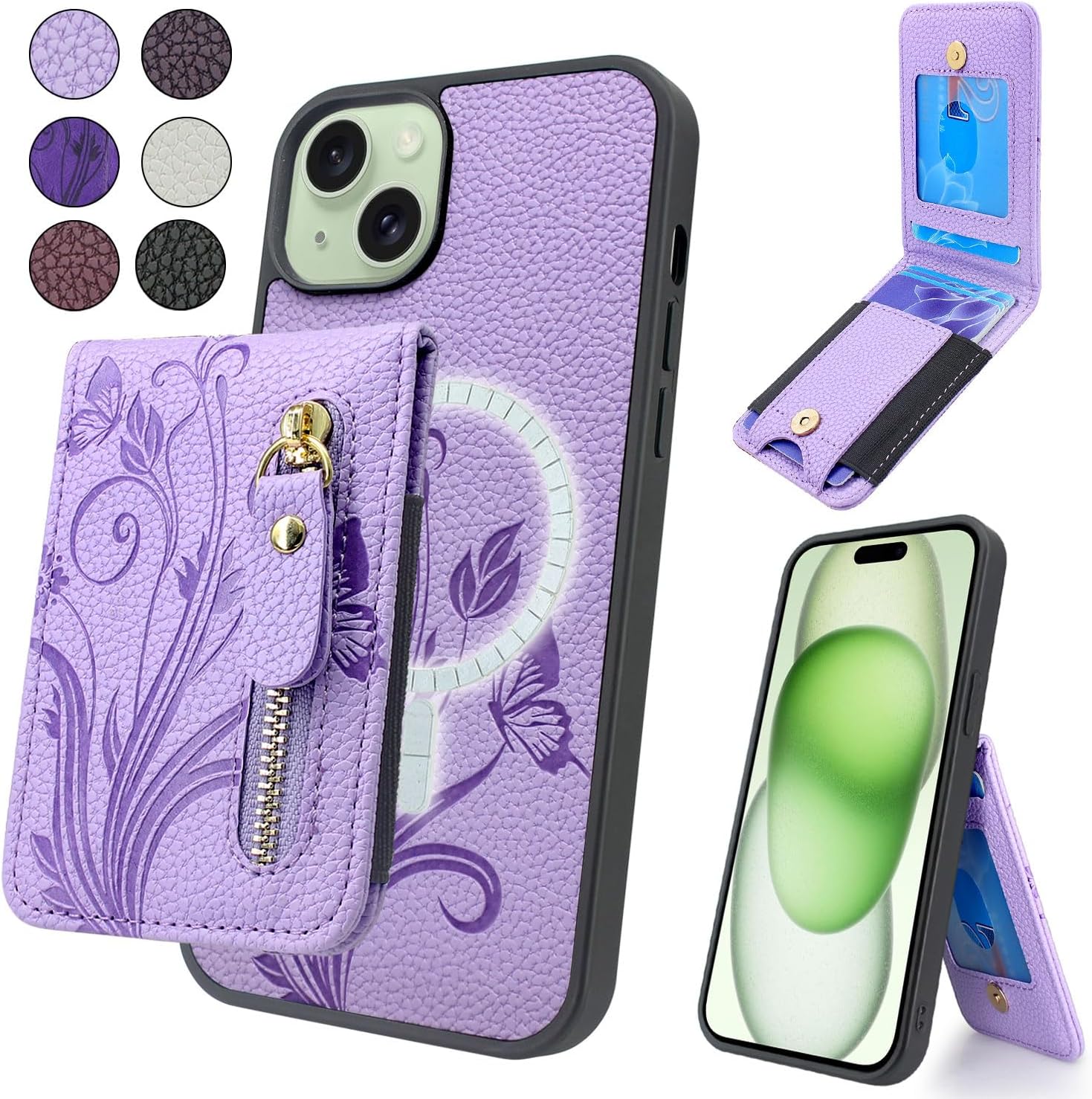 Lacass Funda compatible con MagSafe para iPhone 15 PlusiPhone 14 Plus de 6.7 pulgadas, tarjetero magnético desmontable con cremallera (morado claro