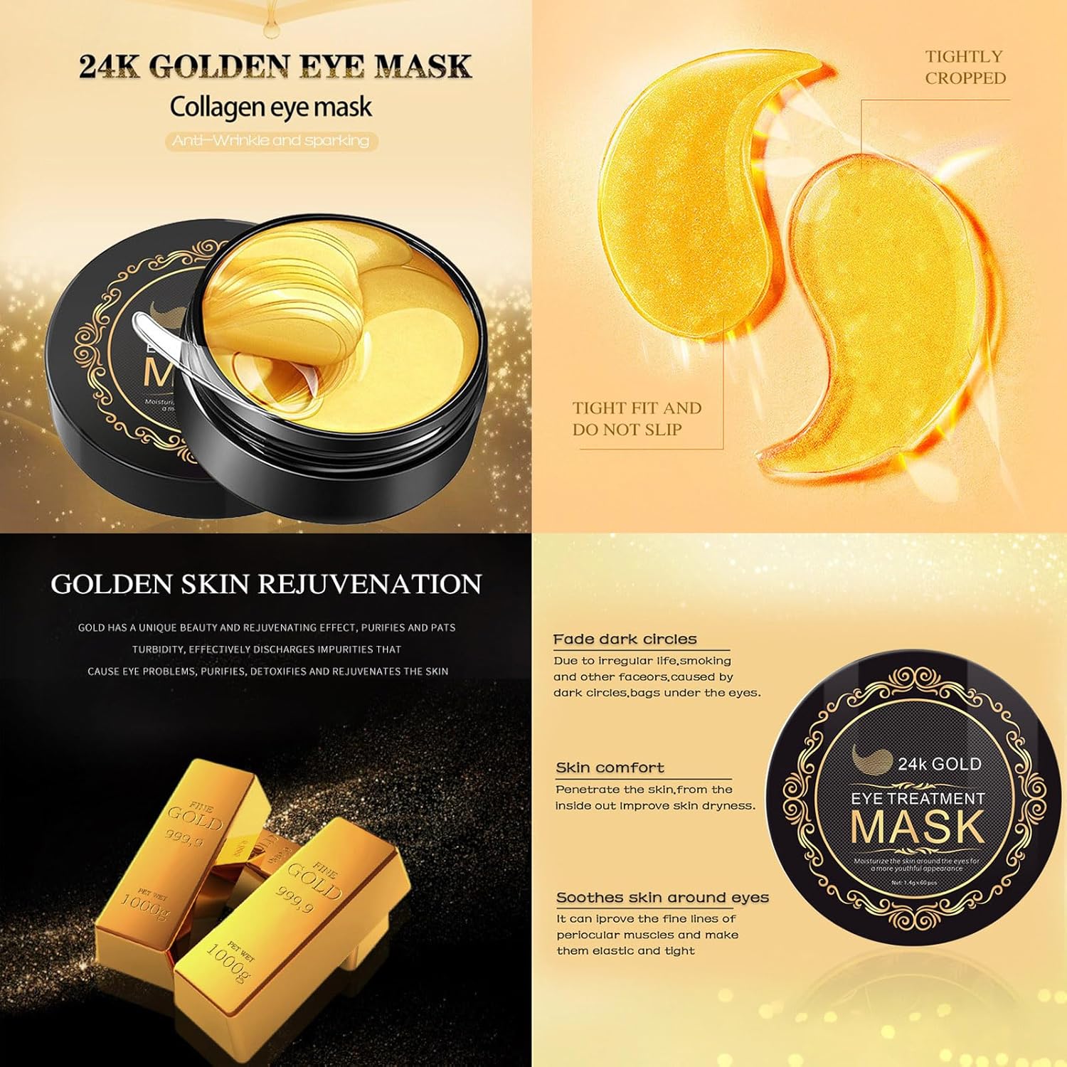 Under Eye Patches for Puffy Eyes, 24K Gold Collagen Eye Mask, Hot Cold Treatment Cooling Gel Eye Pads for Wrinkles Dark Circles Puffiness Eye Bags