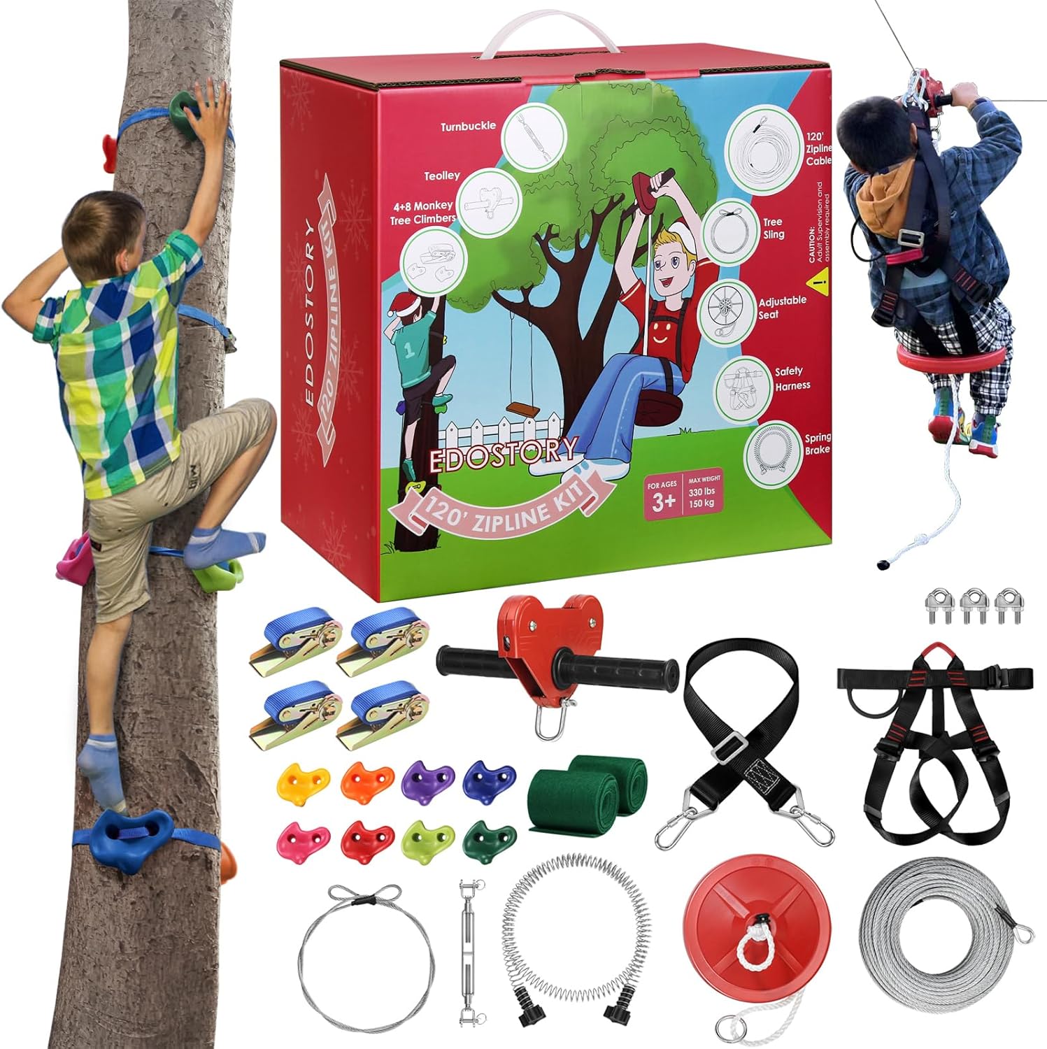 EDOSTORY Kit de tirolesa para patio trasero de 120 pies para niños y adultos, al aire libre, cremallera de hasta 330 libras con freno de resorte y