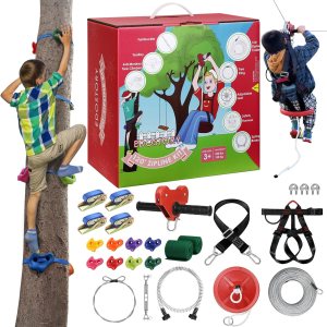 EDOSTORY Kit de tirolesa para patio trasero de 120 pies para niños y adultos, al aire libre, cremallera de hasta 330 libras con freno de resorte y EDOSTORY Kit de tirolesa para patio trasero de 120 pies para niños y adultos, al aire libre, cremallera de hasta 330 libras con freno de resorte y