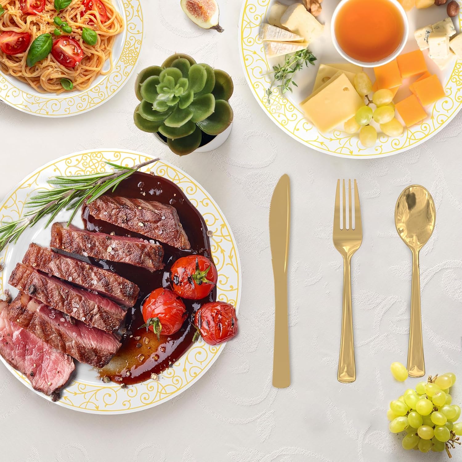 GreenElevate Platos de plástico, 150 platos desechables de plástico para 25 invitados 25 platos llanos, 25 platos de postre, 25 tenedores, 25