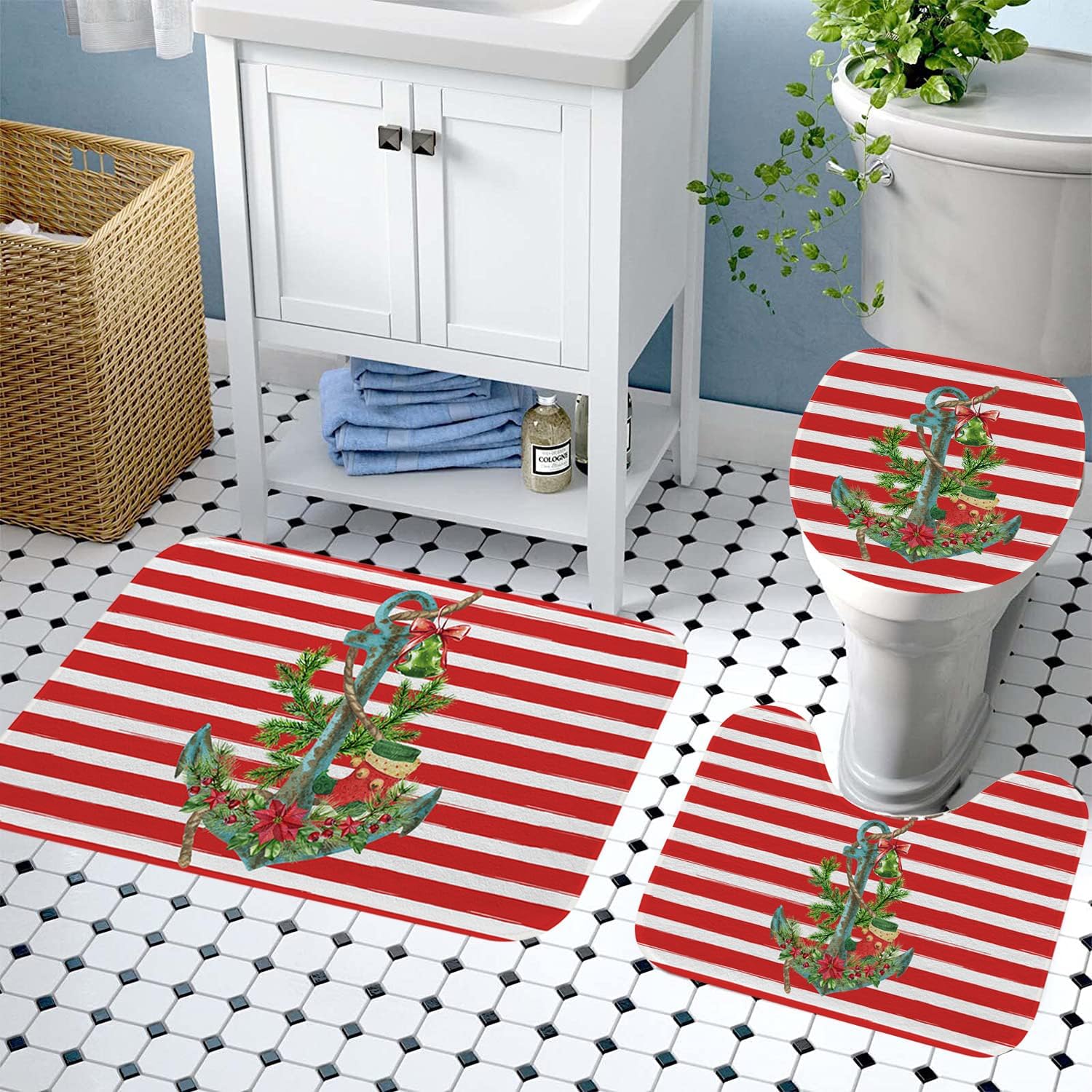 Juego de 3 alfombras de baño rojas de Navidad con alfombra de contorno antideslizante + cubierta de tapa de inodoro oblonga + alfombra de baño