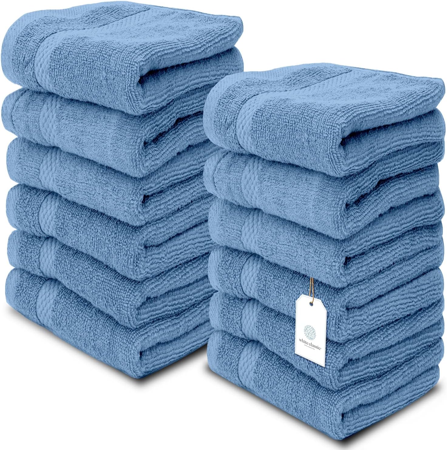 White Classic Toallas de algodón de lujo, paquete de 12 toallas de mano de lujo, paquete de 6 toallas de baño de lujo, paquete de 2 unidades (azul