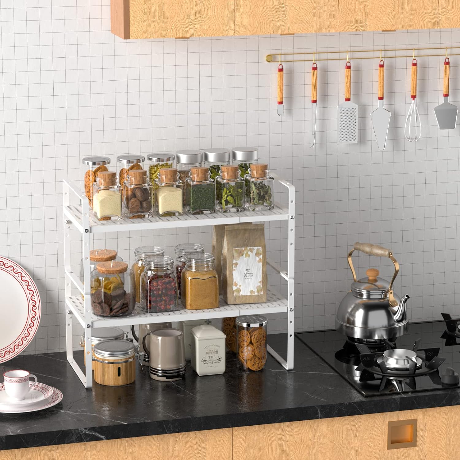 Organizador de estante de gabinete de cocina expandible, estantes de almacenamiento de despensa de metal apilables, estante organizador de estante