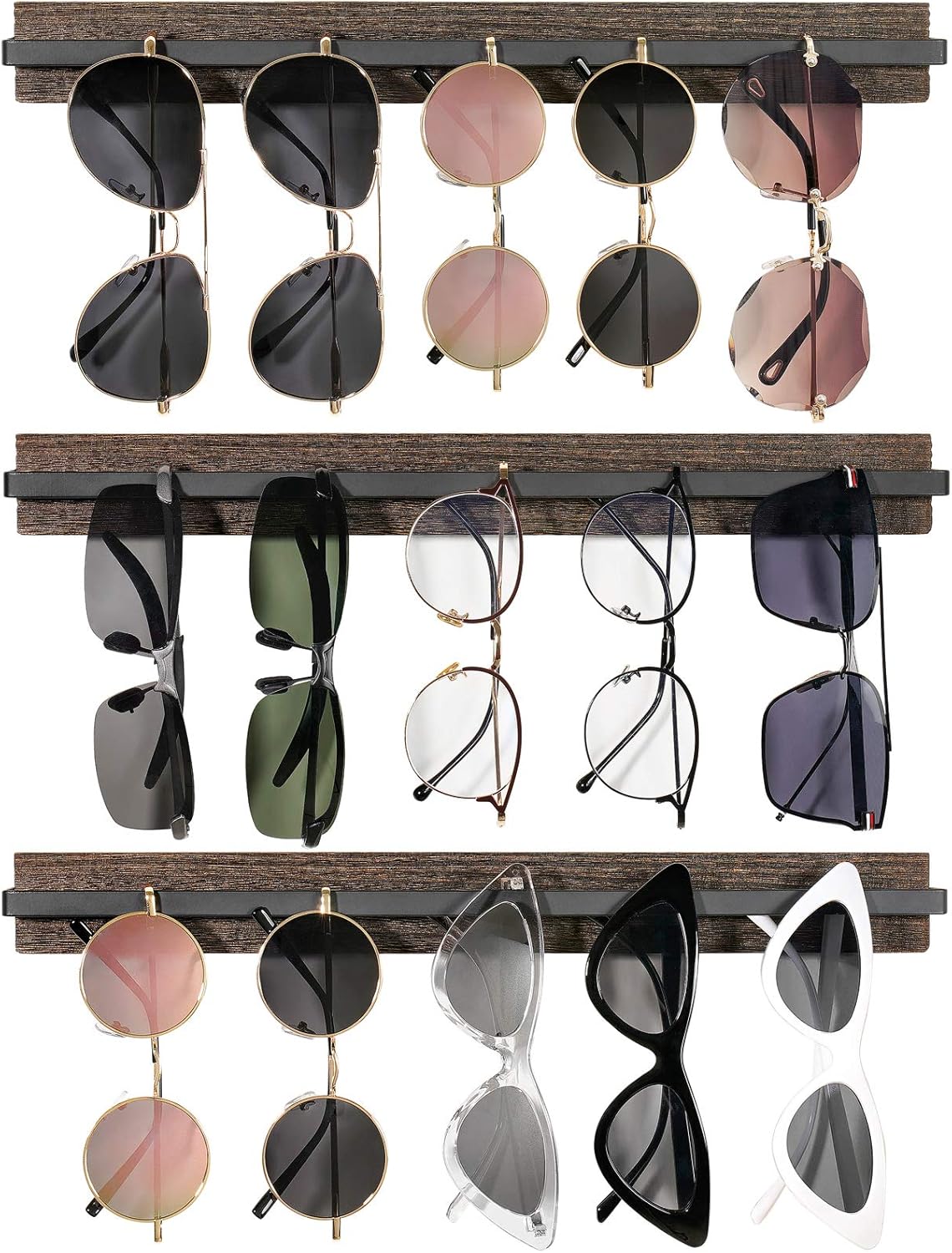 Mkono Organizador de almacenamiento de lentes de sol de madera montado en la pared, soporte rústico para gafas, estante colgante para entrada, sala