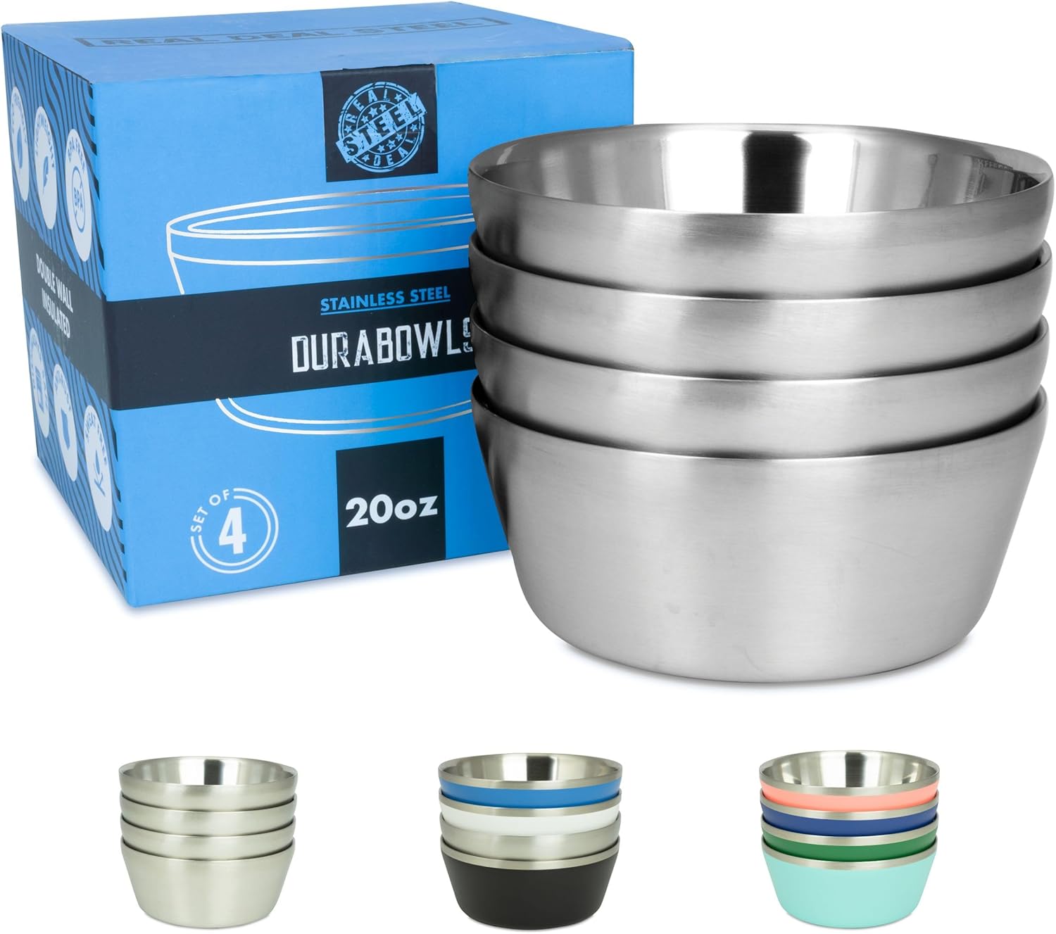 Cuencos aislados de acero inoxidable, cuencos de metal de doble pared de 20 onzas para helado, ensalada, sopa, cereales, servir, aperitivos, arroz,