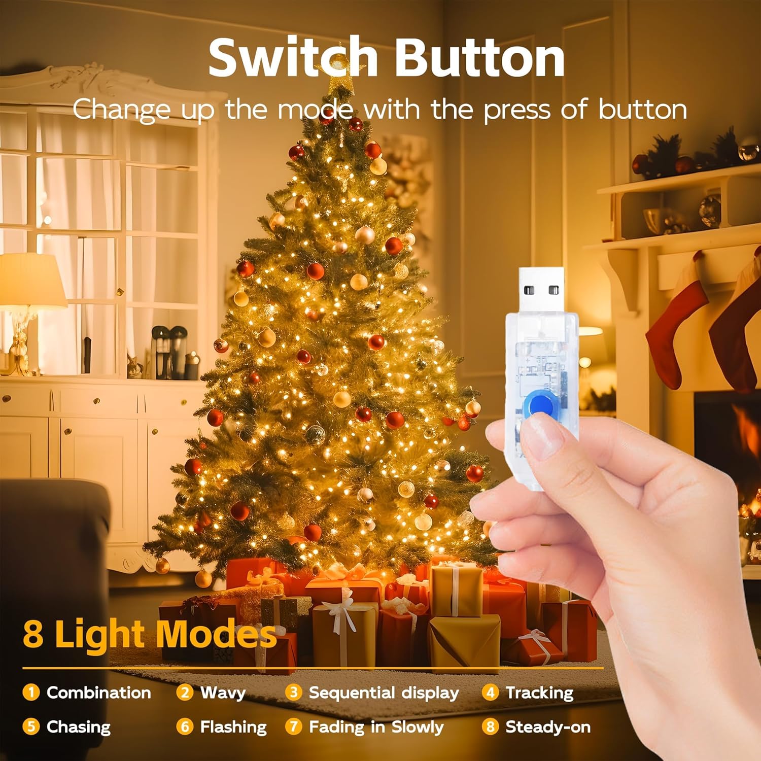 Guirnalda de 300 luces LED, 10 x 10 pies, cortina de ventana colgante con ganchos, 8 modos y luces de enchufe USB para dormitorio, interiores,