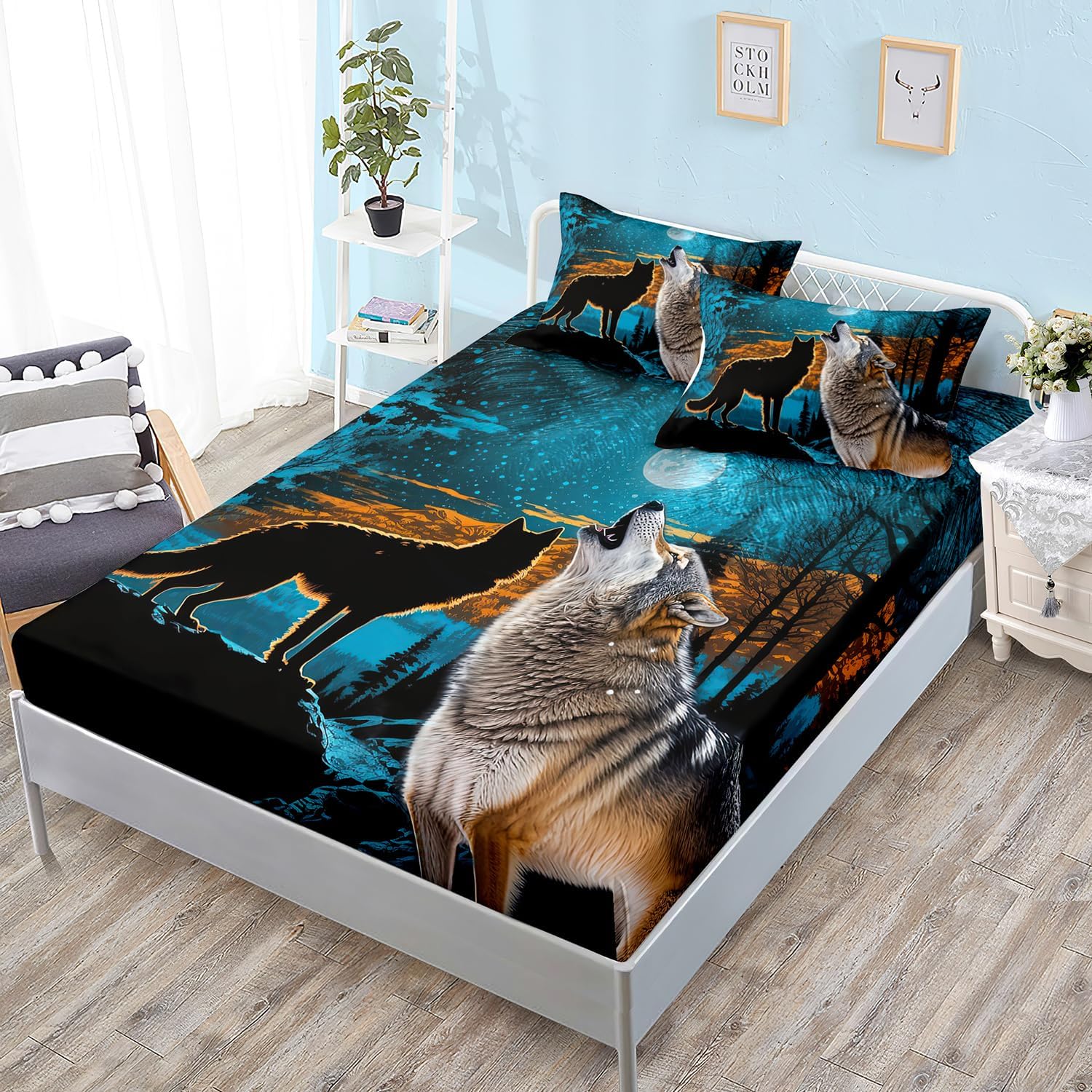 HOSIMA Sábana bajera ajustable con estampado de animales del bosque con 2 fundas de almohada, ropa de cama de árbol y luna y lobo, sábana bajera de