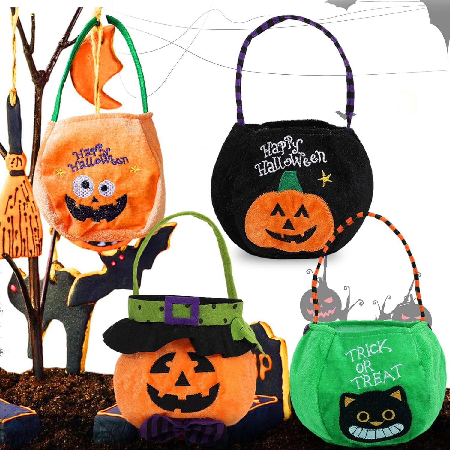 Bolsas de golosinas de Halloween para dulce o truco, bolsas de calabaza reutilizables, bolsas de lona para suministros de fiesta